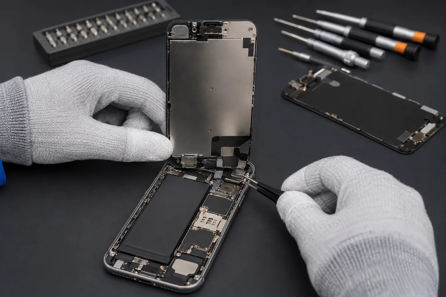 Técnico realizando un diagnóstico interno a un teléfono celular