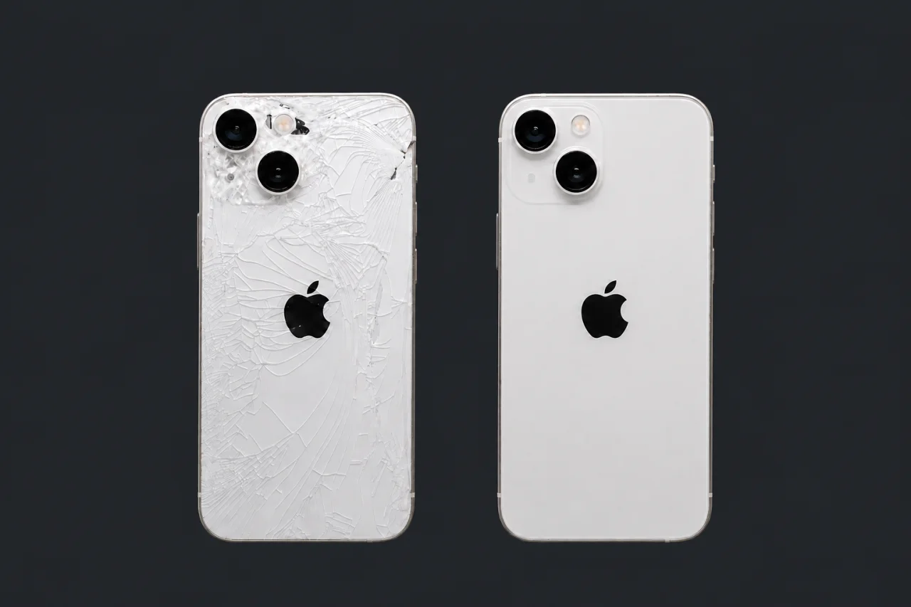 Comparación del antes y después de restaurar la parte trasera de un teléfono blanco